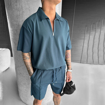 Summer Fashion Mens Clothing  Men's Suits New Zipper  Casual Short Sleeve Drawstring Shorts Men's Set
