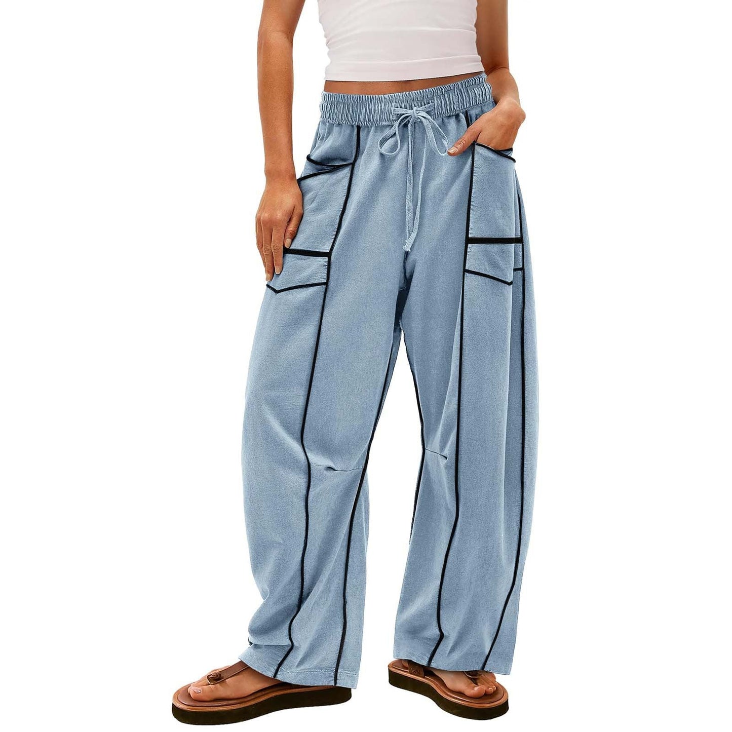 Black Striped Wide-leg Pants With Pockets Fashion Loose Drawstring Trousers Sports Sweatpants Women's Clothing