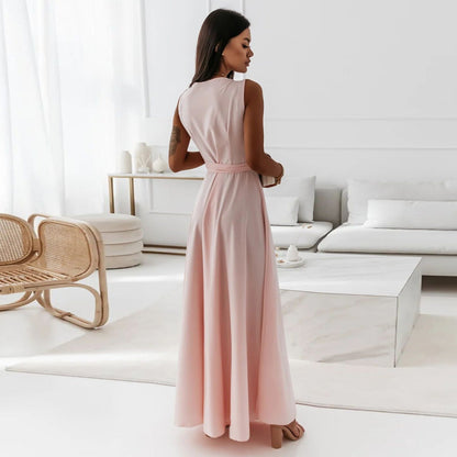 V-neck Sleeveless Dress With Belt Summer Fashion Party Club Evening Maxi Dresses For Women Clothing