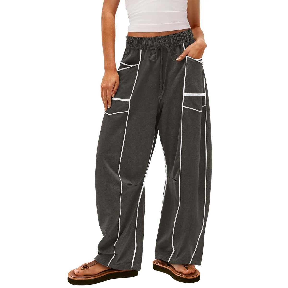 Black Striped Wide-leg Pants With Pockets Fashion Loose Drawstring Trousers Sports Sweatpants Women's Clothing