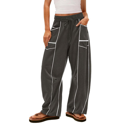 Black Striped Wide-leg Pants With Pockets Fashion Loose Drawstring Trousers Sports Sweatpants Women's Clothing