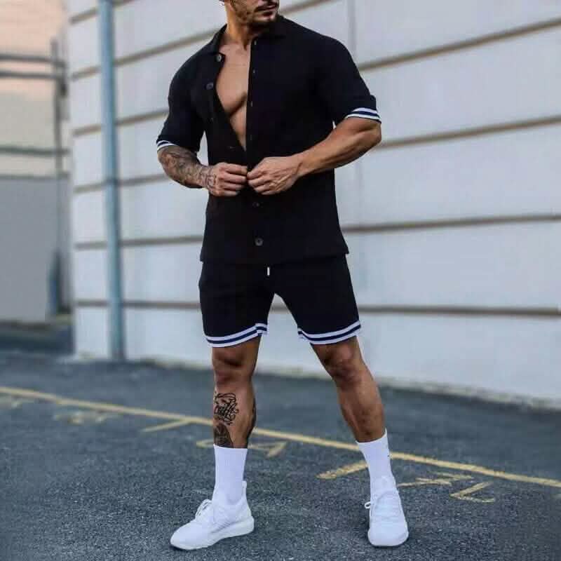 2-Piece Set: Men's Short Sleeve Plain Stripes Lapel
