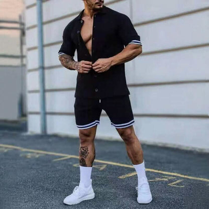2-Piece Set: Men's Short Sleeve Plain Stripes Lapel