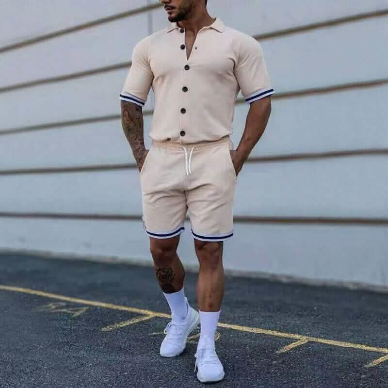 2-Piece Set: Men's Short Sleeve Plain Stripes Lapel