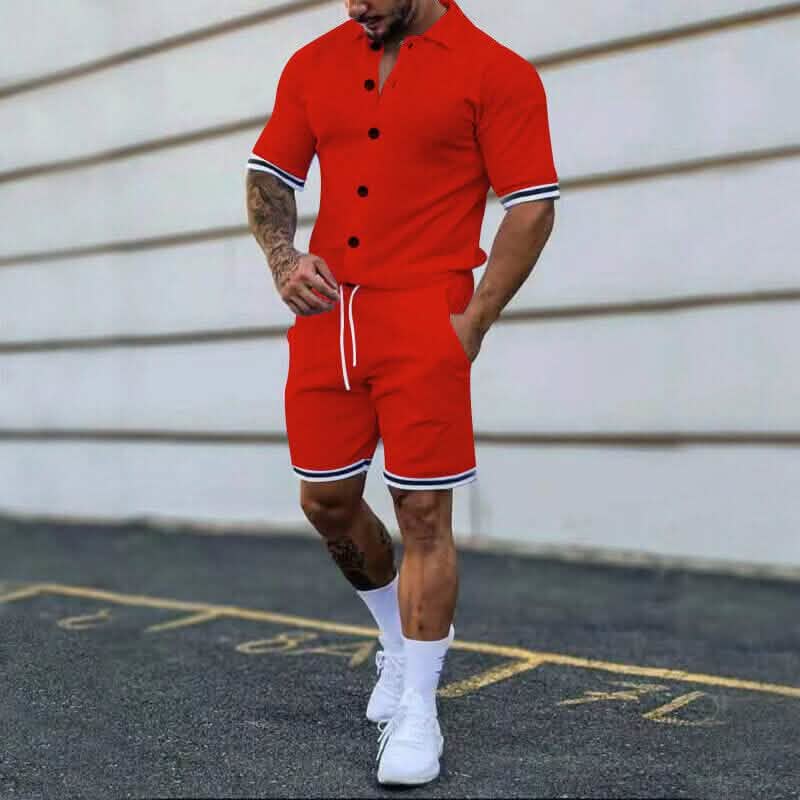 2-Piece Set: Men's Short Sleeve Plain Stripes Lapel