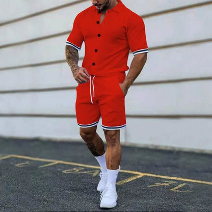 2-Piece Set: Men's Short Sleeve Plain Stripes Lapel