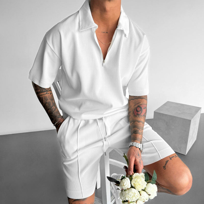 Summer Fashion Mens Clothing  Men's Suits New Zipper  Casual Short Sleeve Drawstring Shorts Men's Set