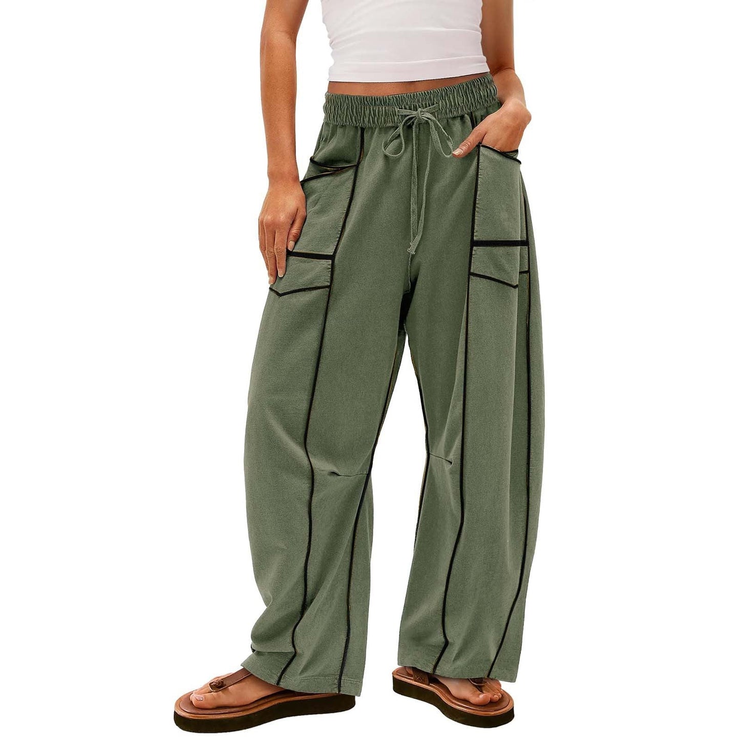 Black Striped Wide-leg Pants With Pockets Fashion Loose Drawstring Trousers Sports Sweatpants Women's Clothing