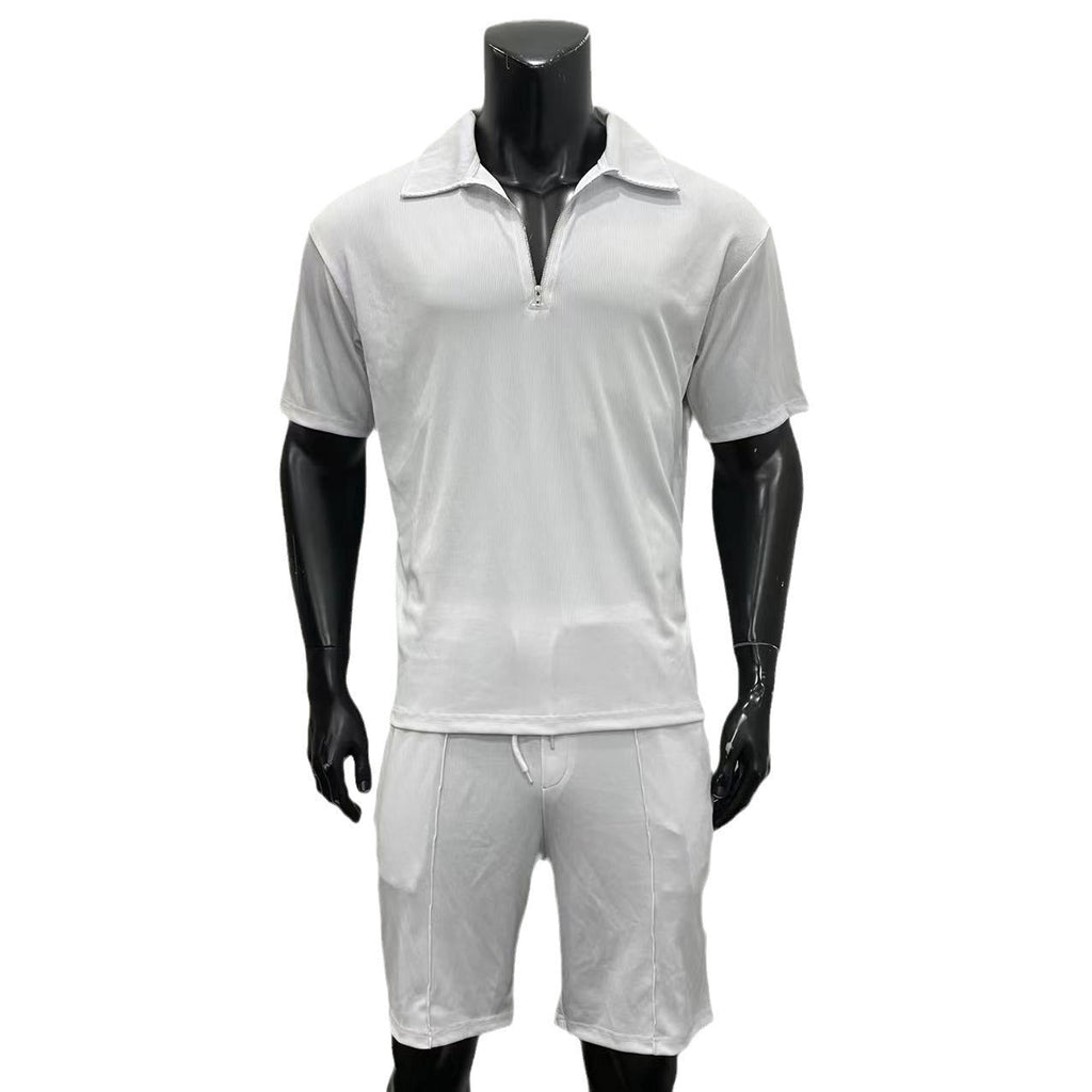 Summer Fashion Mens Clothing  Men's Suits New Zipper  Casual Short Sleeve Drawstring Shorts Men's Set