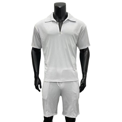 Summer Fashion Mens Clothing  Men's Suits New Zipper  Casual Short Sleeve Drawstring Shorts Men's Set