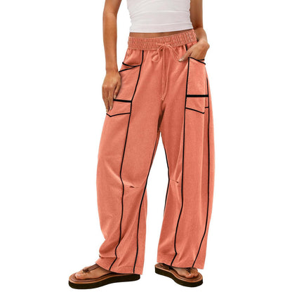 Black Striped Wide-leg Pants With Pockets Fashion Loose Drawstring Trousers Sports Sweatpants Women's Clothing