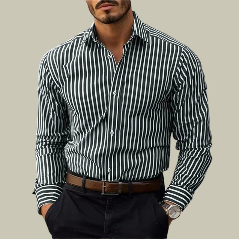Ins Stripe Printed Long Sleeve Shirt Men Fashion Casual Lapel Button Top Clothing