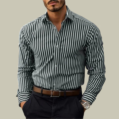 Ins Stripe Printed Long Sleeve Shirt Men Fashion Casual Lapel Button Top Clothing