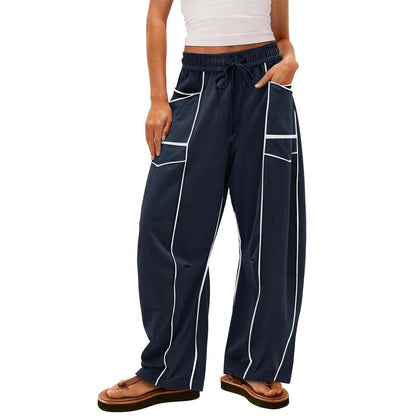 Black Striped Wide-leg Pants With Pockets Fashion Loose Drawstring Trousers Sports Sweatpants Women's Clothing