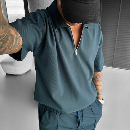 Summer Fashion Mens Clothing  Men's Suits New Zipper  Casual Short Sleeve Drawstring Shorts Men's Set