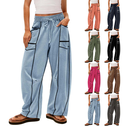 Black Striped Wide-leg Pants With Pockets Fashion Loose Drawstring Trousers Sports Sweatpants Women's Clothing