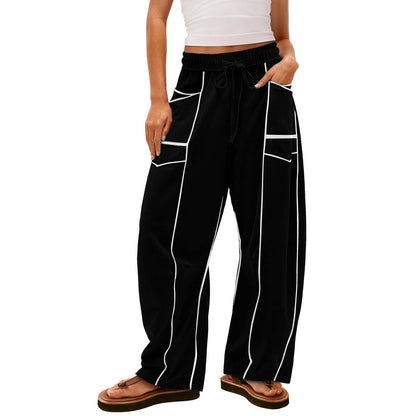 Black Striped Wide-leg Pants With Pockets Fashion Loose Drawstring Trousers Sports Sweatpants Women's Clothing