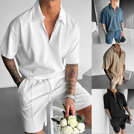 Summer Fashion Mens Clothing  Men's Suits New Zipper  Casual Short Sleeve Drawstring Shorts Men's Set