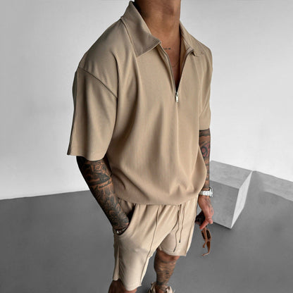 Summer Fashion Mens Clothing  Men's Suits New Zipper  Casual Short Sleeve Drawstring Shorts Men's Set
