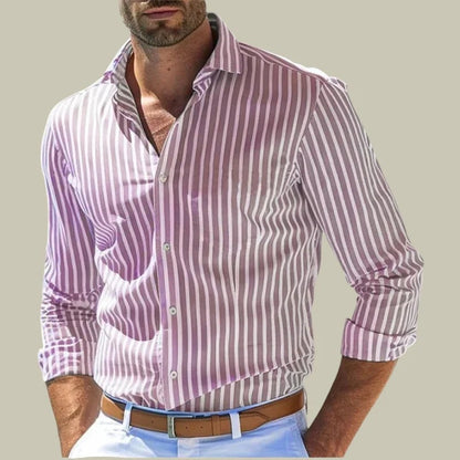 Ins Stripe Printed Long Sleeve Shirt Men Fashion Casual Lapel Button Top Clothing