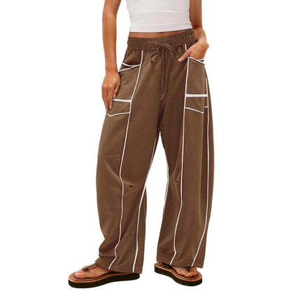 Black Striped Wide-leg Pants With Pockets Fashion Loose Drawstring Trousers Sports Sweatpants Women's Clothing