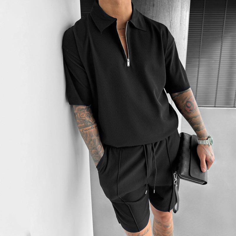 Summer Fashion Mens Clothing  Men's Suits New Zipper  Casual Short Sleeve Drawstring Shorts Men's Set