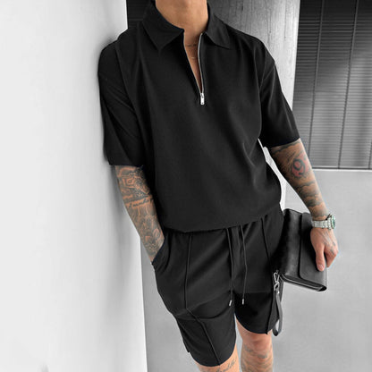 Summer Fashion Mens Clothing  Men's Suits New Zipper  Casual Short Sleeve Drawstring Shorts Men's Set