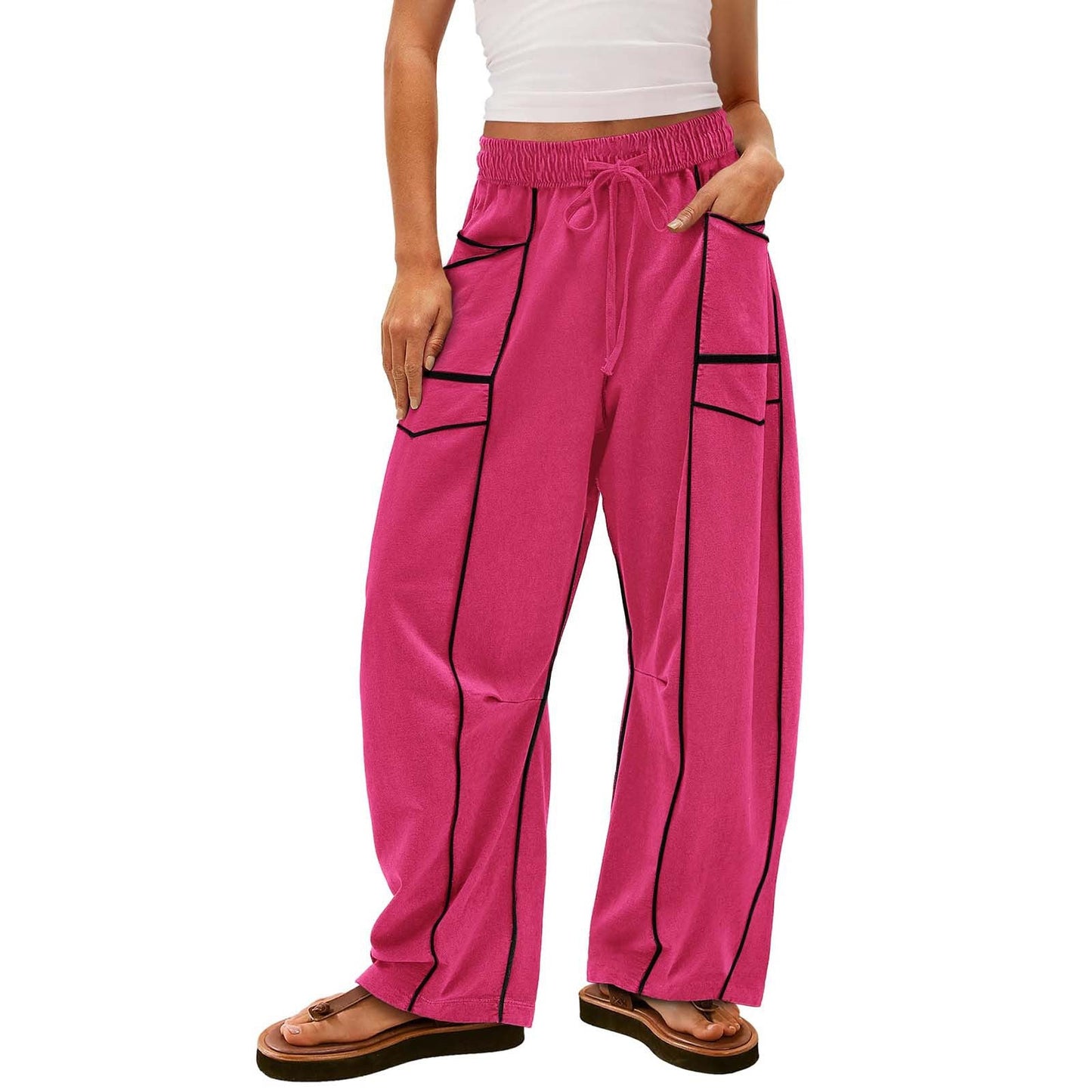 Black Striped Wide-leg Pants With Pockets Fashion Loose Drawstring Trousers Sports Sweatpants Women's Clothing