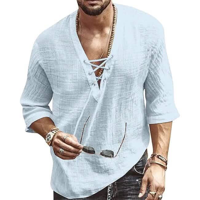 Men's Fashion Shirt Short Sleeve Beach V-Neck Drawstring